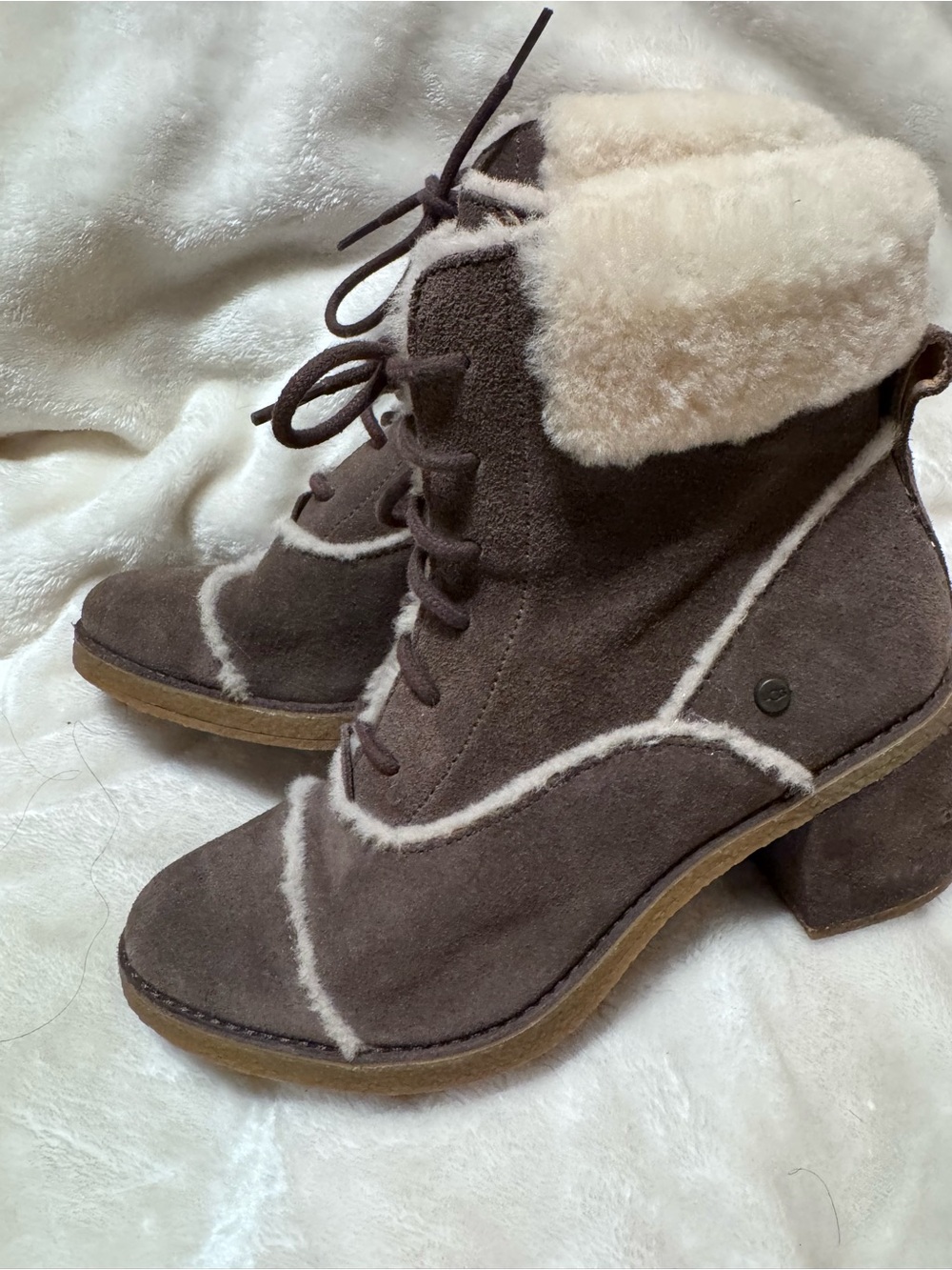 UGG Brown Suede Shearling-Lined Lace-Up Block Heel Booties